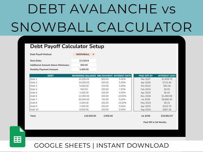 Debt Snowball vs Debt Avalanche Spreadsheet | Google Sheets Template